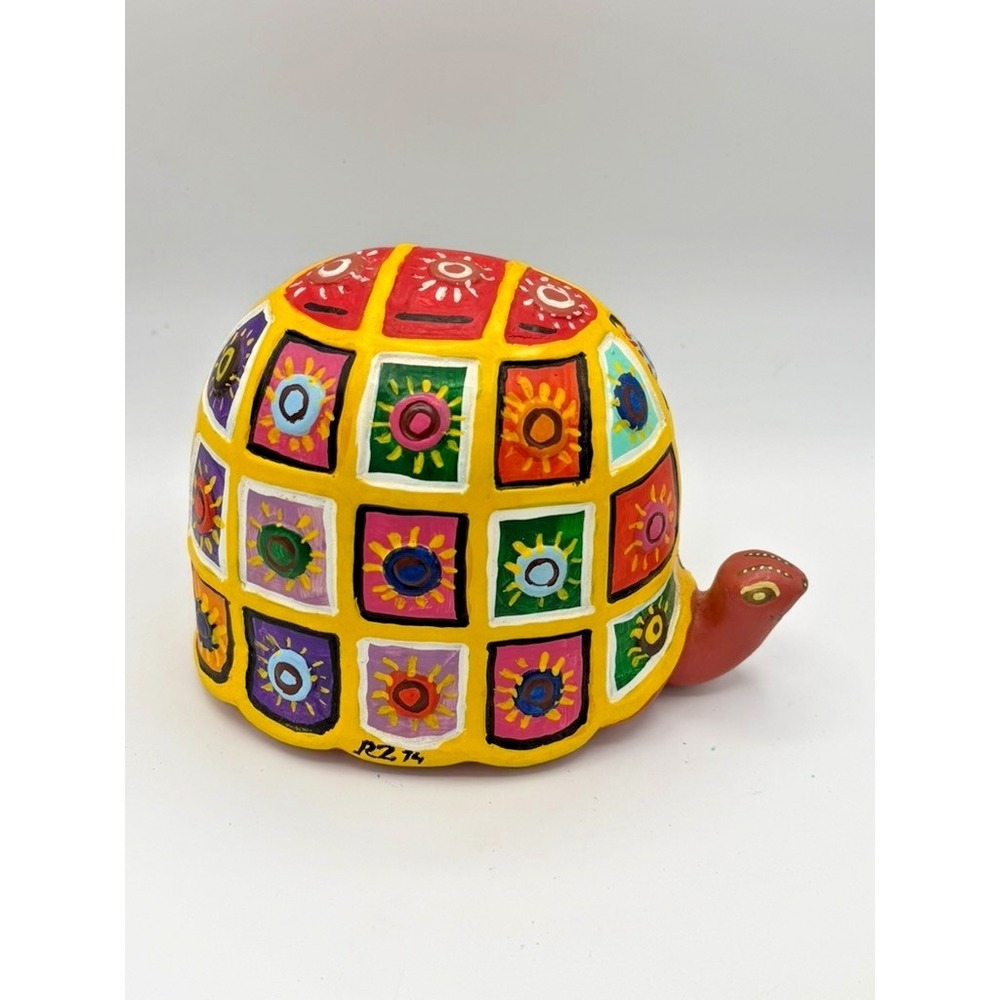 Vintage 1974 Hand Painted Folk Art Turtle Figurine Signed RZ Colorful Sculpture